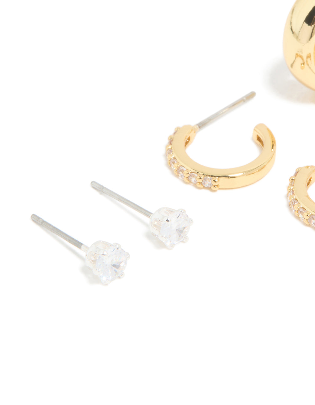 Mixed Metal Brass Cubic Zirconia Stud & Hoop Earrings 3-Pack