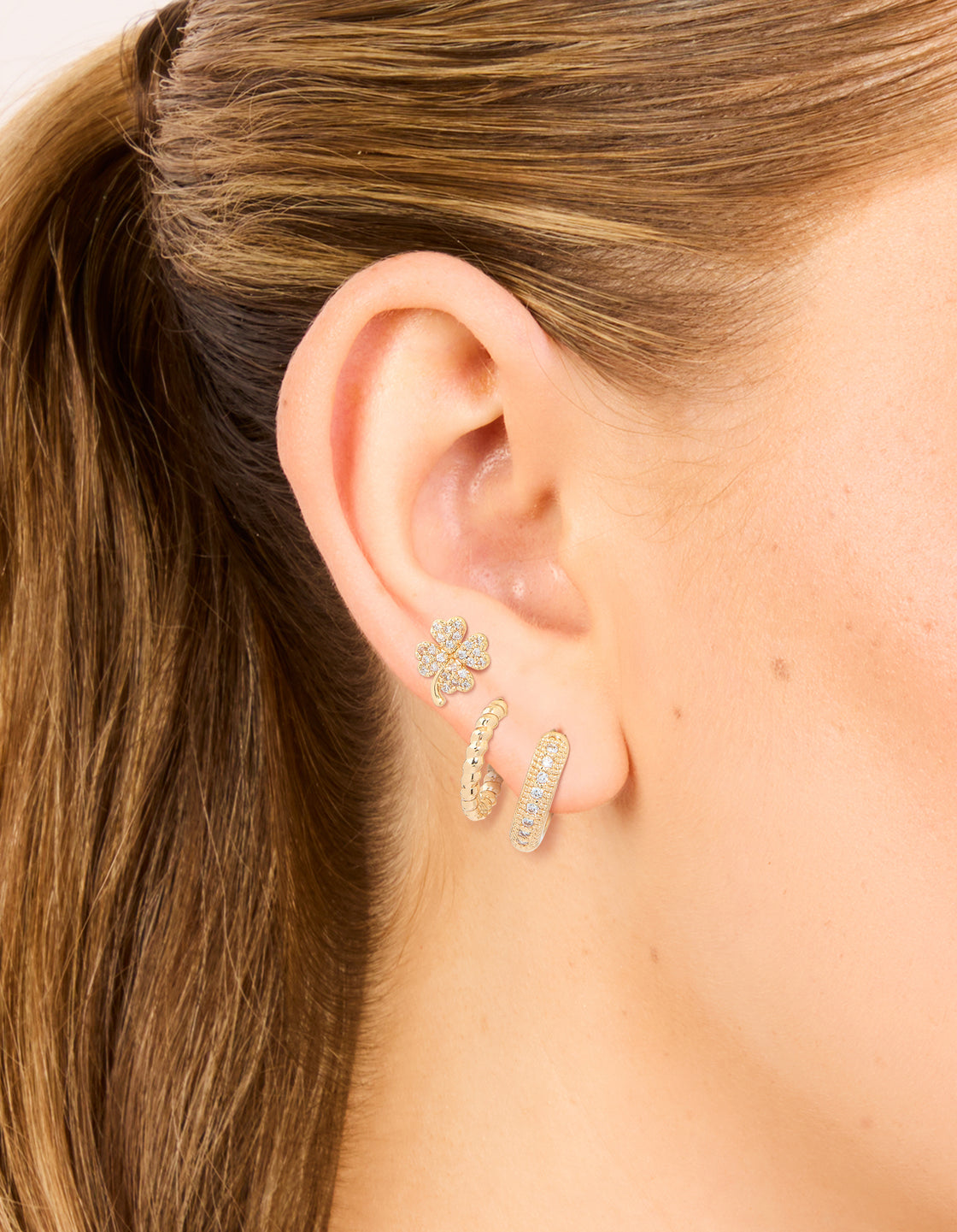 Gold Cubic Zirconia Clover & Hoop Earrings 3-Pack