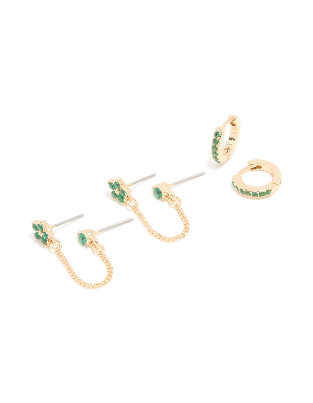 Showcasing gold green cubic zirconia floral chain and huggie earrings 2-pack front view