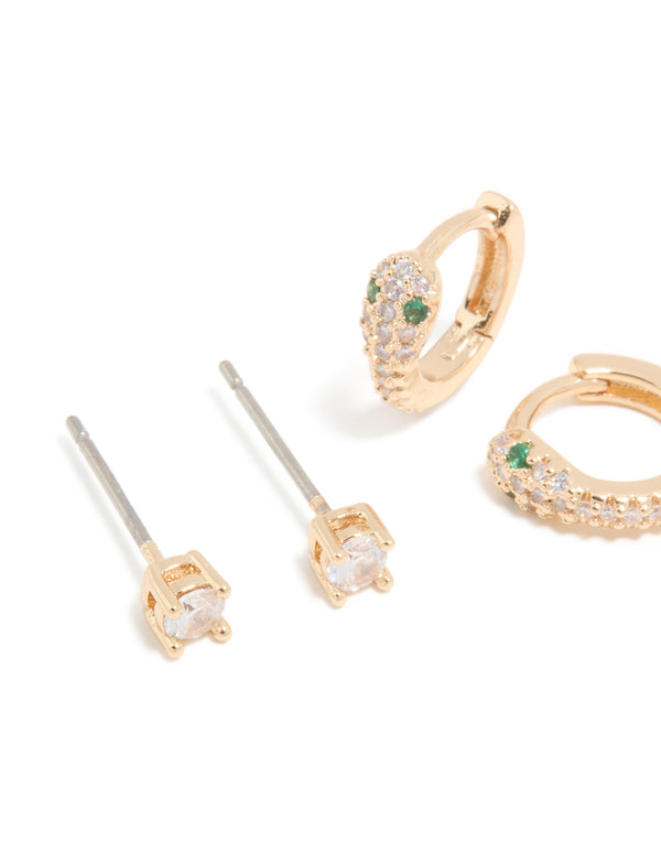 Gold Cubic Zirconia Cross & Snake Earrings 3-Pack