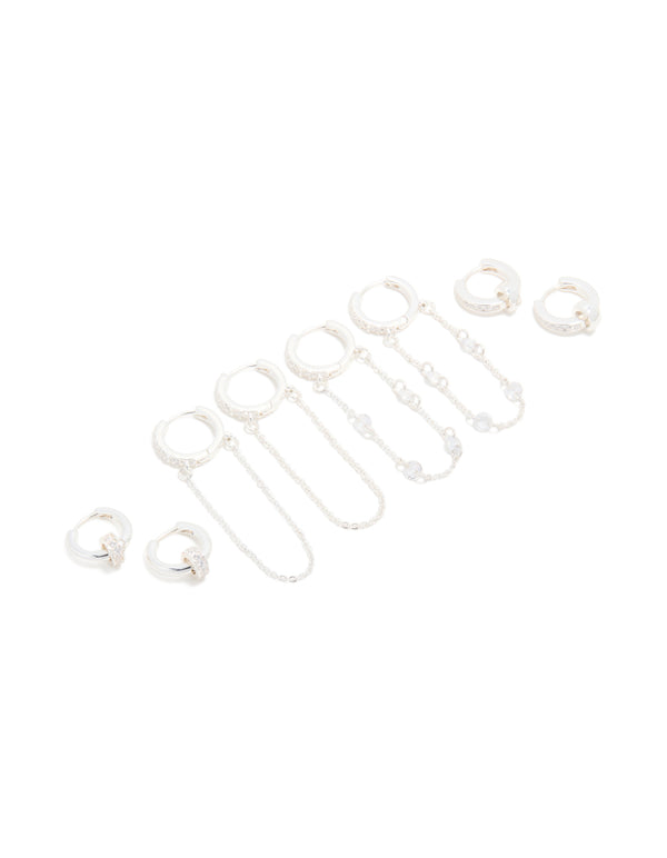 Silver Plated Cubic Zirconia Chained & Rondell Huggie Earrings 4-Pack