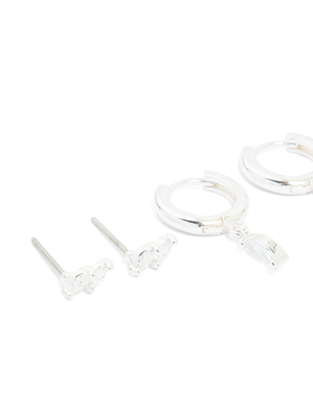 Silver Plated Cubic Zirconia Dainty Stud & Huggie Earrings 4-Pack