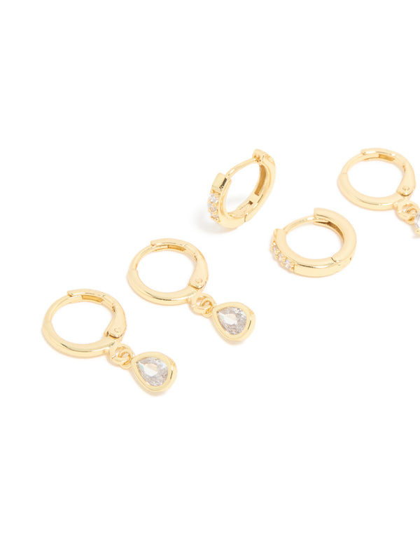 Gold Plated Pearl & Cubic Zirconia Drop Huggie Earrings 4-Pack