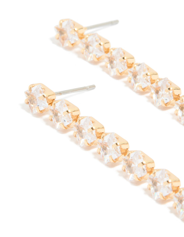 Gold Plated Cubic Zirconia Long Floral Drop Earrings