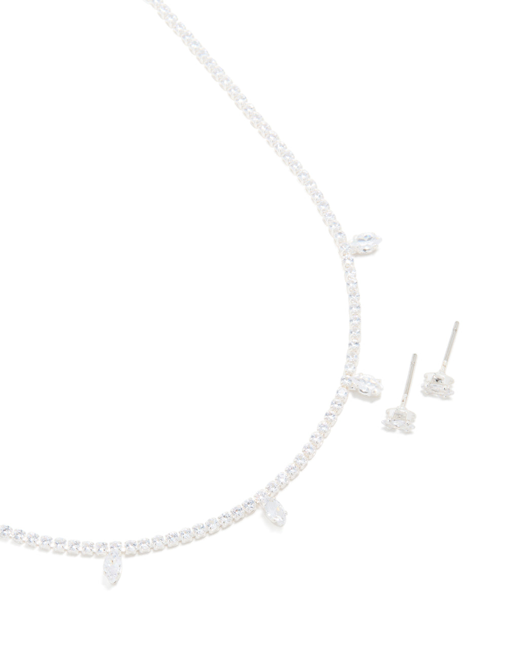 Silver Plated Cubic Zirconia Mini Marquise Drops Necklace & Earrings Set