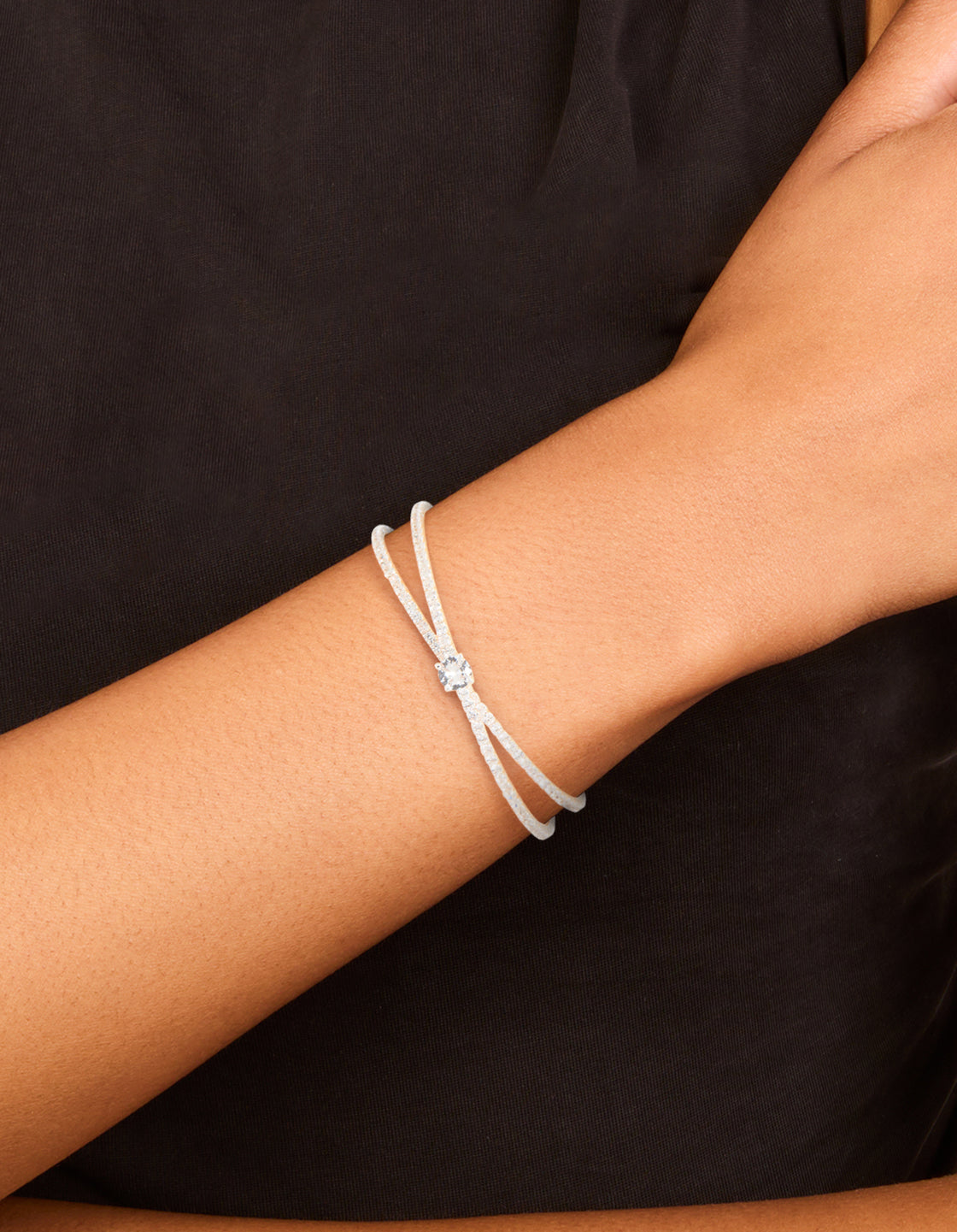 Silver Plated Cubic Zirconia Intersecting Wrist Cuff