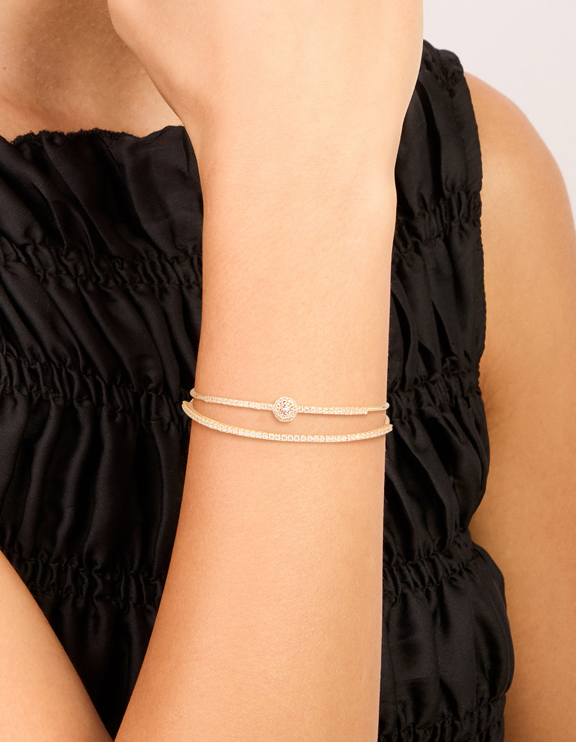 Gold Plated Cubic Zirconia Round Front Layered Wrist Cuff