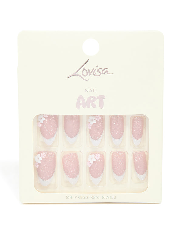 Shimmery Pink Daisy Printed Press-On Nails 24-Set
