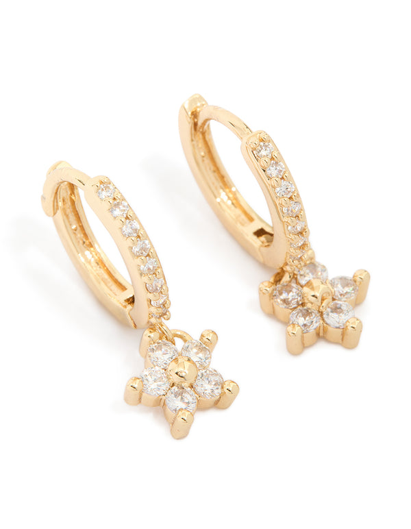 Gold Plated Cubic Zirconia Flower Pendant Huggie Earrings