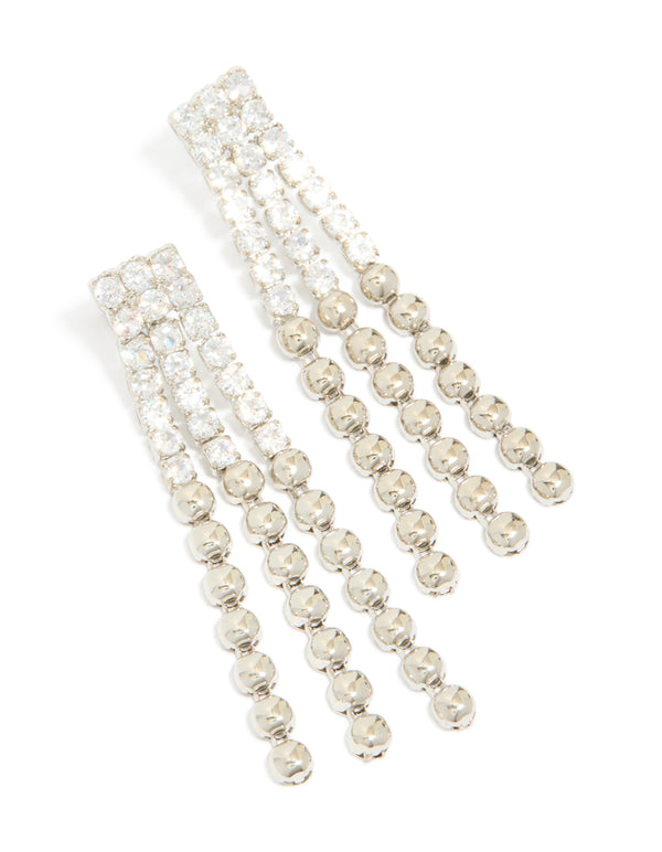 Explore silver cubic zirconia half cup chain drop earrings featuring clear stones front view