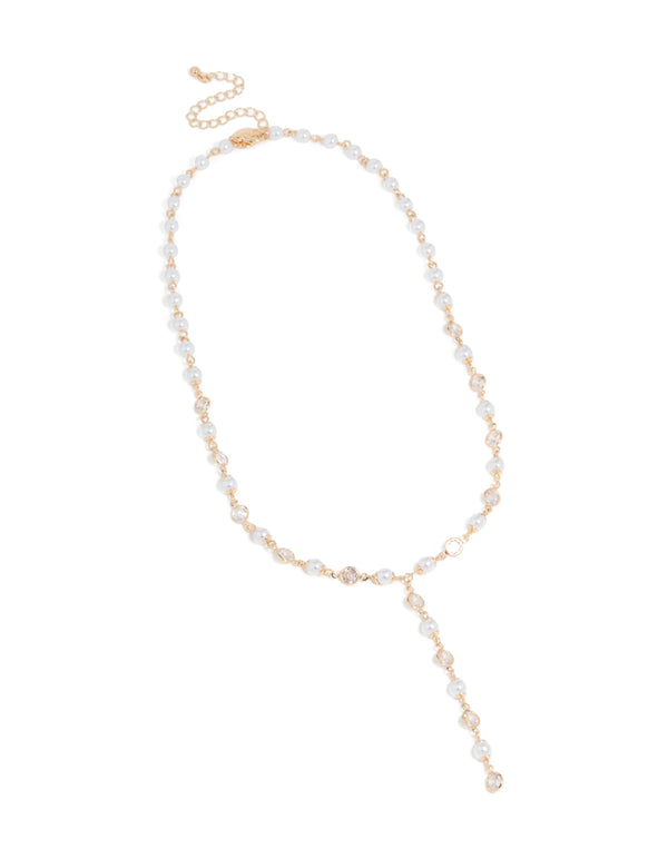 Gold Cubic Zirconia & Pearl Chain Y-Necklace