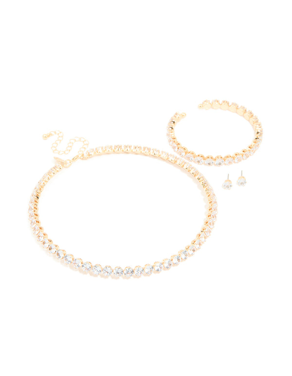 Gold Cubic Zirconia Tennis Necklace, Tennis Bracelet & Earrings Set