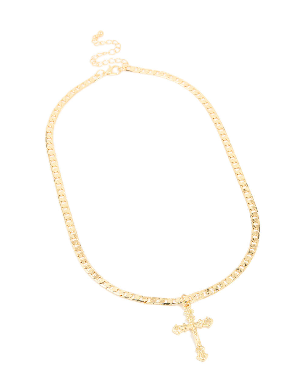 Highlighting a curb chain necklace with cross design crafted from gold plated material in statement style front view