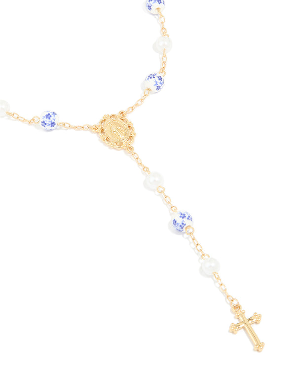 Gold Plated Blue Floral Rosary Necklace