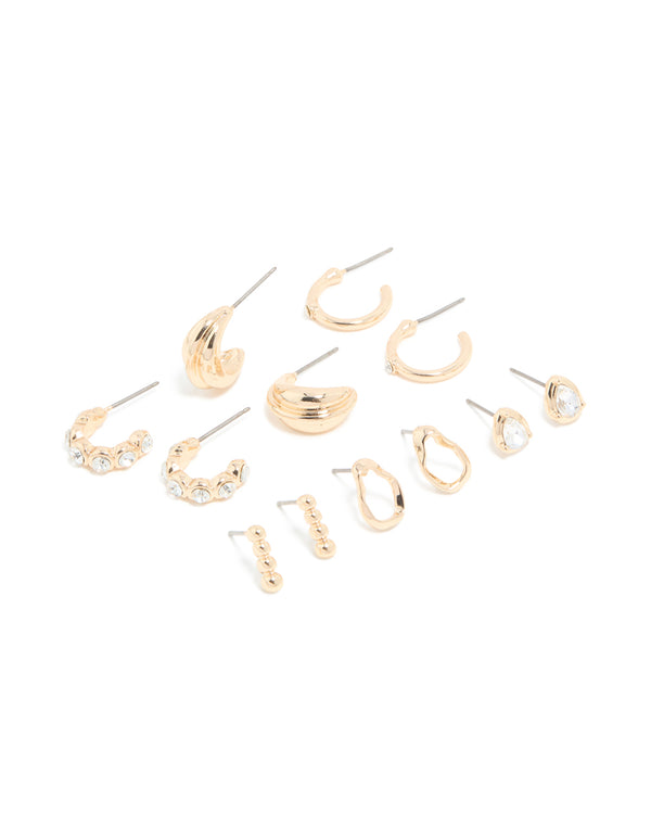 Gold Diamante Ornate Stud & Hoop Earrings 6-Pack