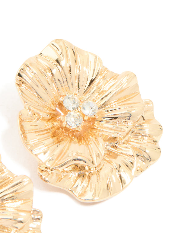 Gold Diamante Layered Flower Stud Earrings