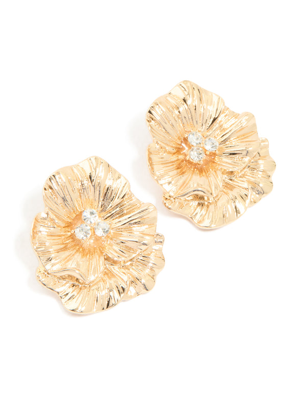 Gold Diamante Layered Flower Stud Earrings