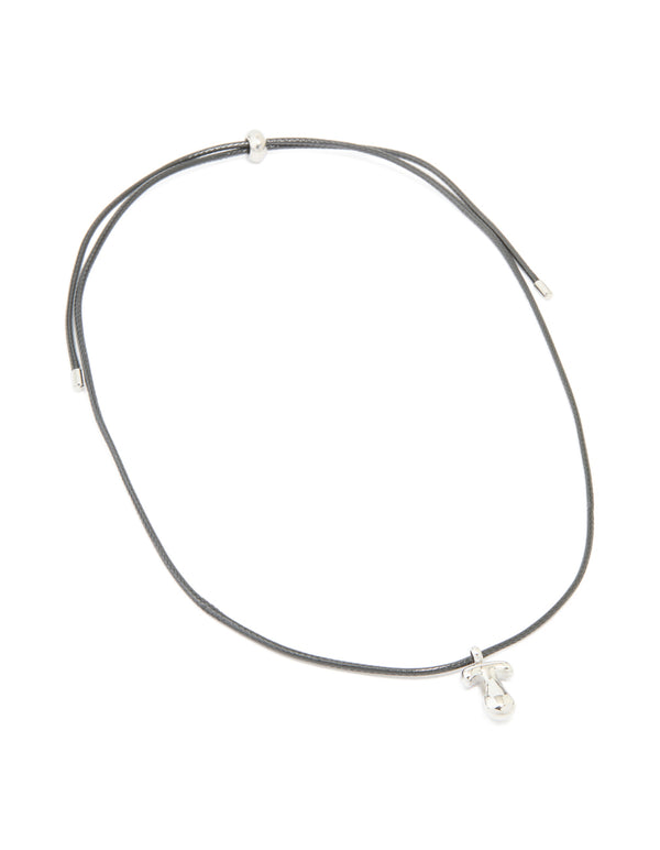Designed with waterproof stainless steel, this large bubble letter T initial silver pendant features grey cord necklace front view
