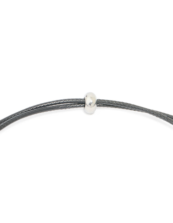 This waterproof stainless steel large bubble letter T initial silver pendant features grey cord necklace clasp detail view