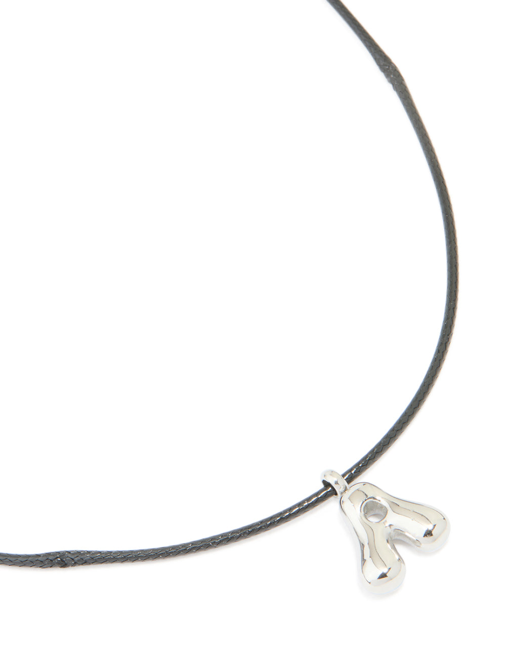 Showcasing a waterproof initial feature necklace with a large bubble letter A pendant crafted from stainless steel on grey cord close up view