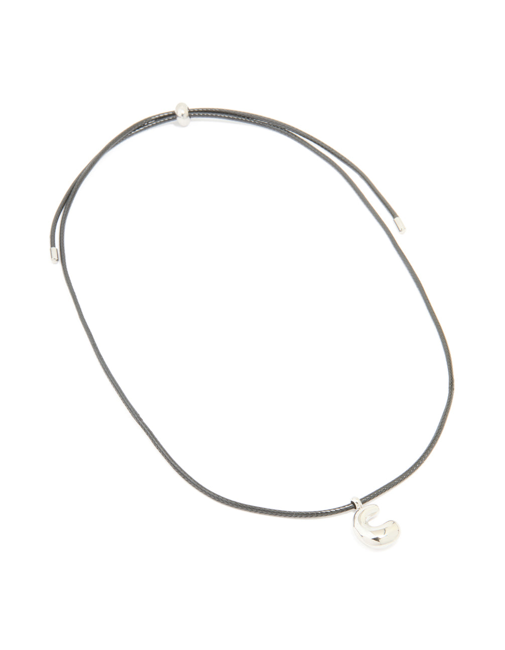 Designed with initials, this waterproof stainless steel large bubble letter C grey cord necklace has pendant in silver front view