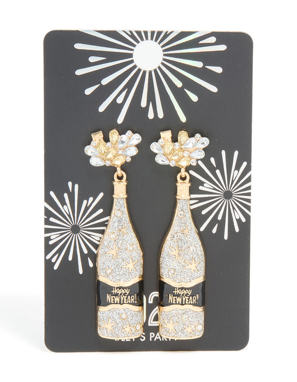 Gold Diamante Champagne Bottle & Star Earrings