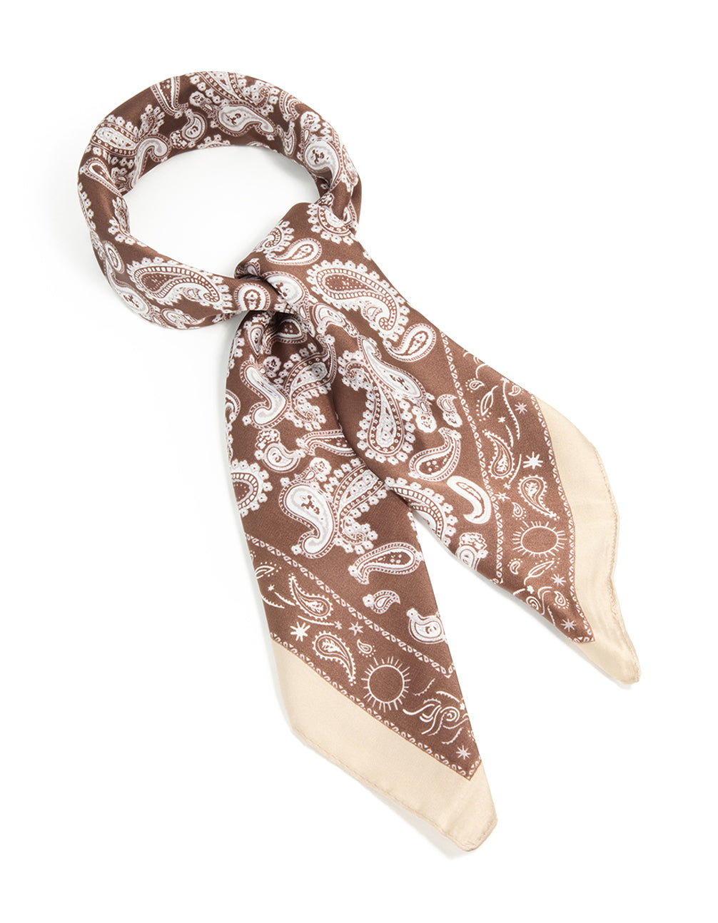 Beautifully crafted brown paisley printed fabric scarf in rosy white and wheat tones front view