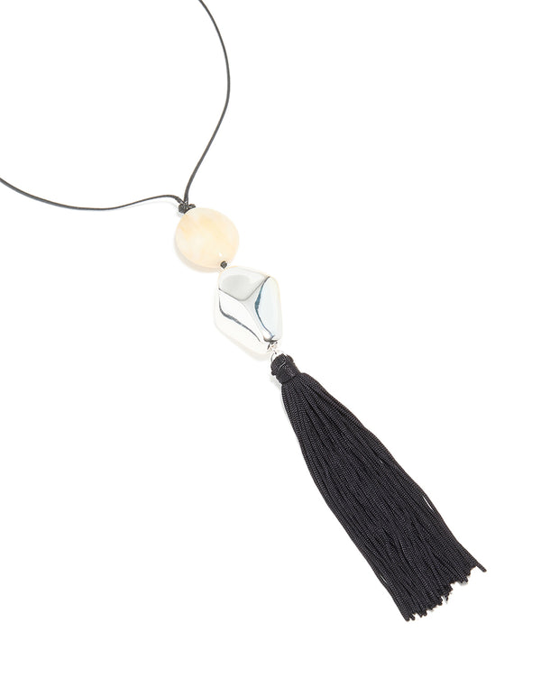 Silver Molten Cream Bead & Black Tassel Cord Necklace