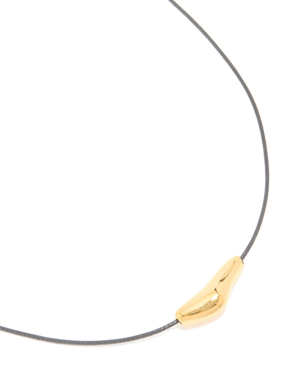 Waterproof Gold Plated Stainless Steel Molten Pebble Pendant Black Cord Necklace