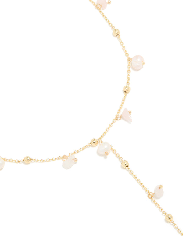 Gold Plated Freshwater Pearl & Pink Rose Quartz Semi Precious Stone Chip Necklace