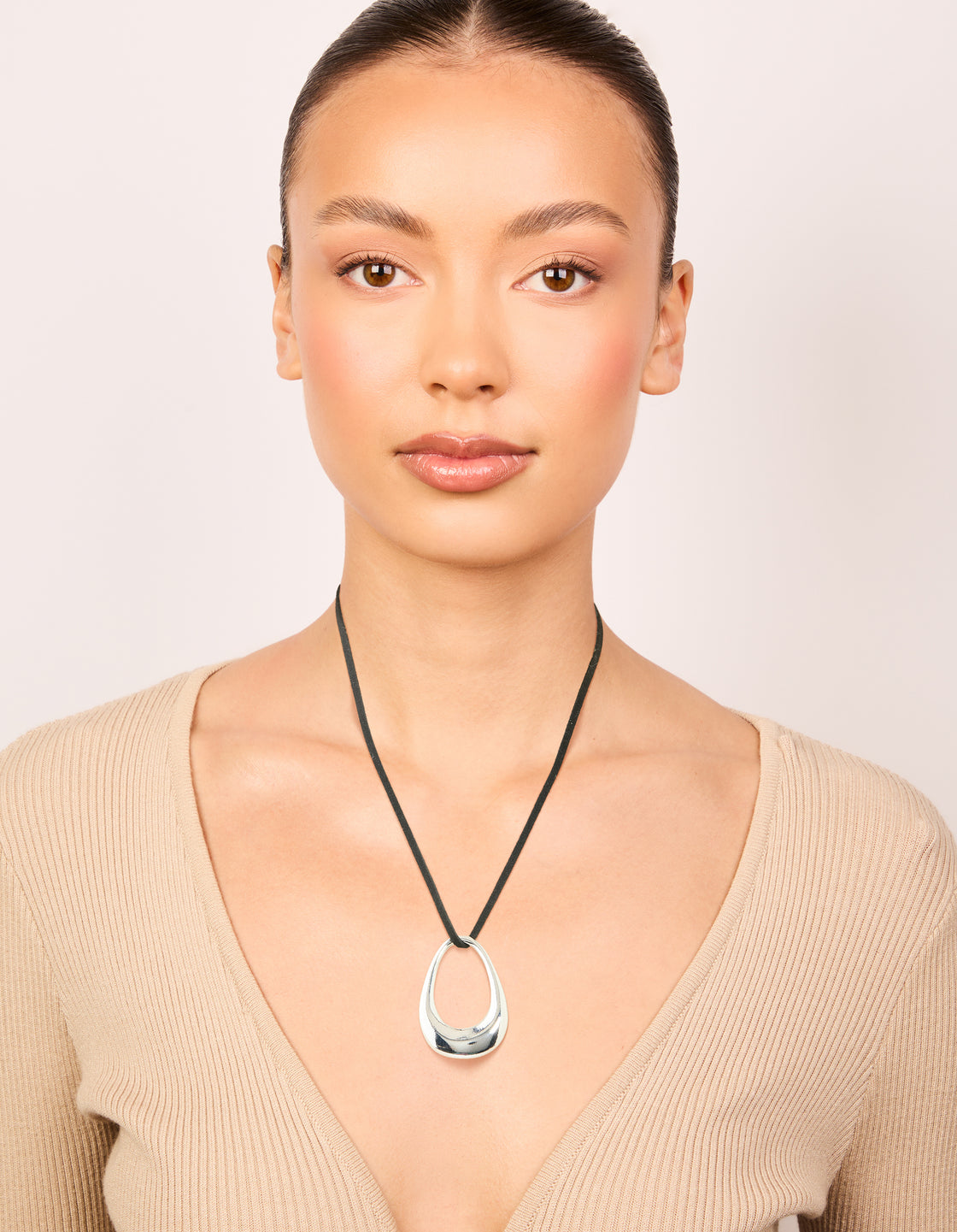 Silver Open Oval Pendant Cord Necklace