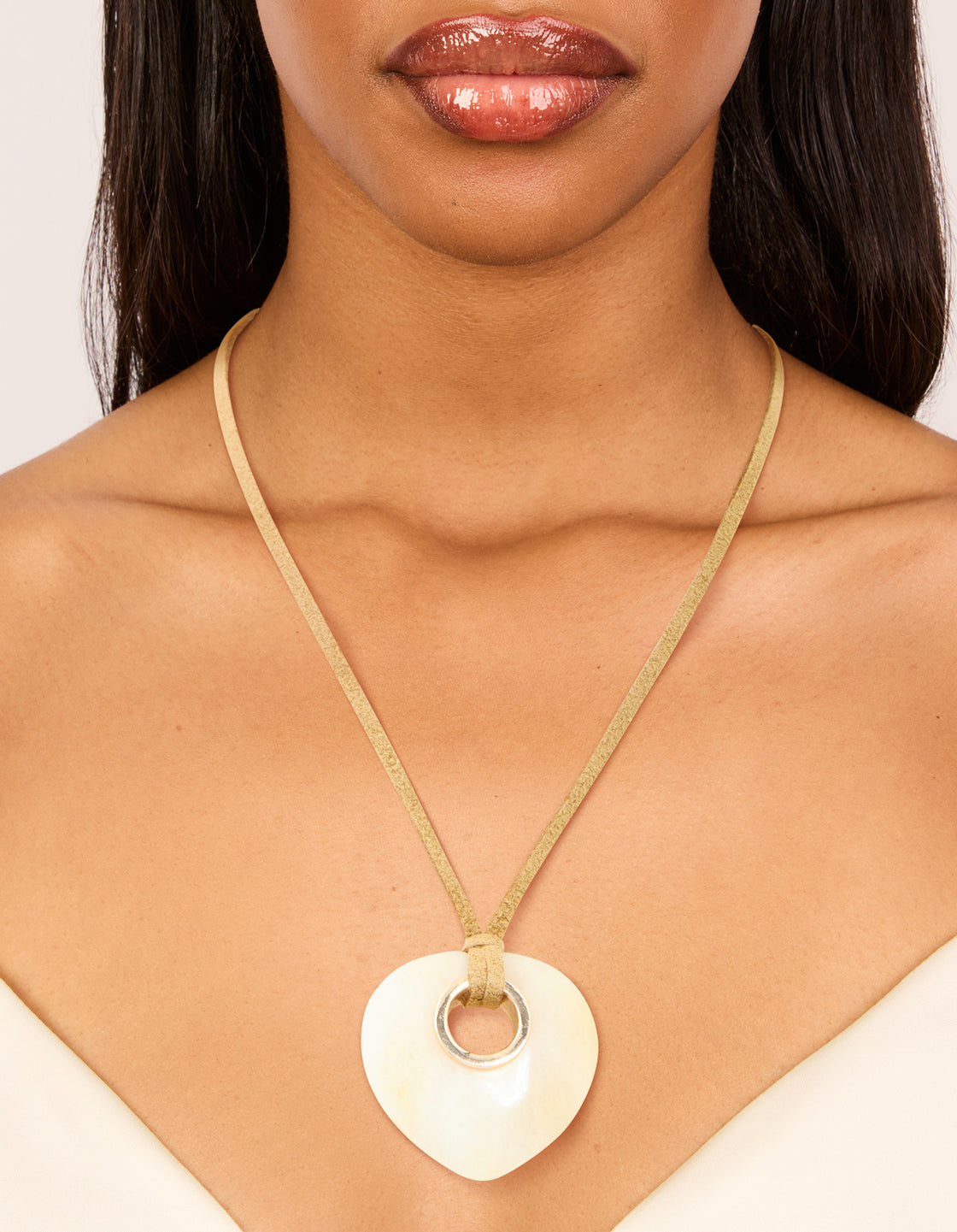 Cream Stone Pendant Brown Cord Necklace