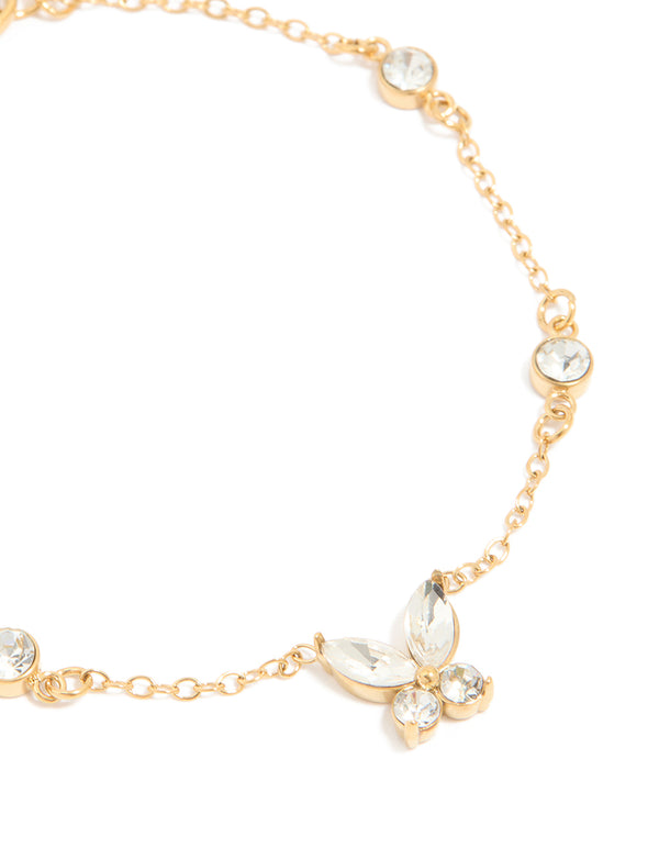 Waterproof Gold Plated Stainless Steel Cubic Zirconia Butterfly & Circle Charms Bracelet