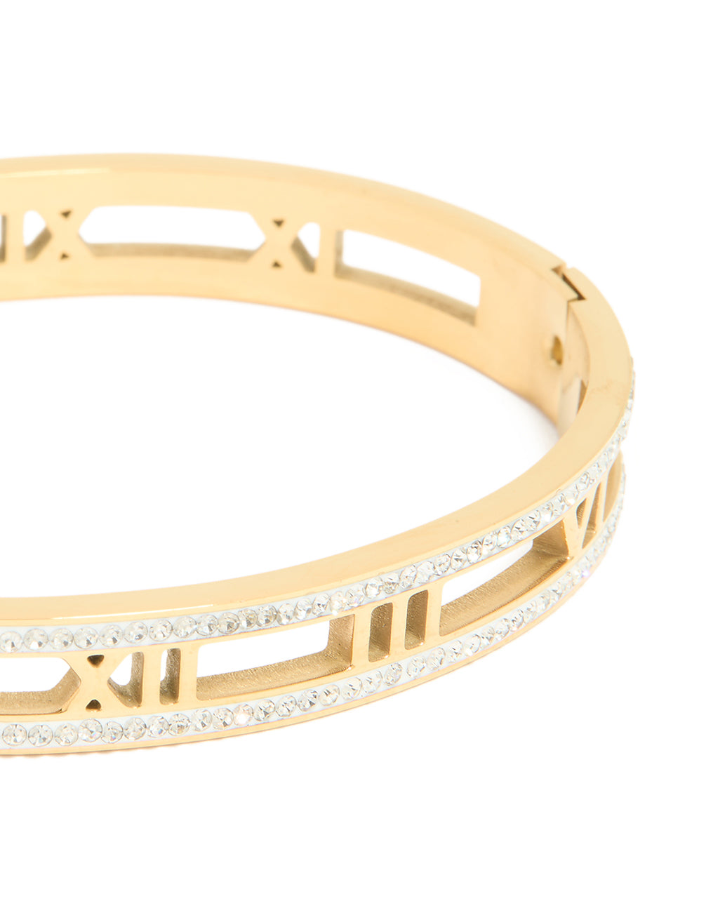 Featuring a waterproof gold plated stainless steel diamante roman numeral bangle with statement styling close up view