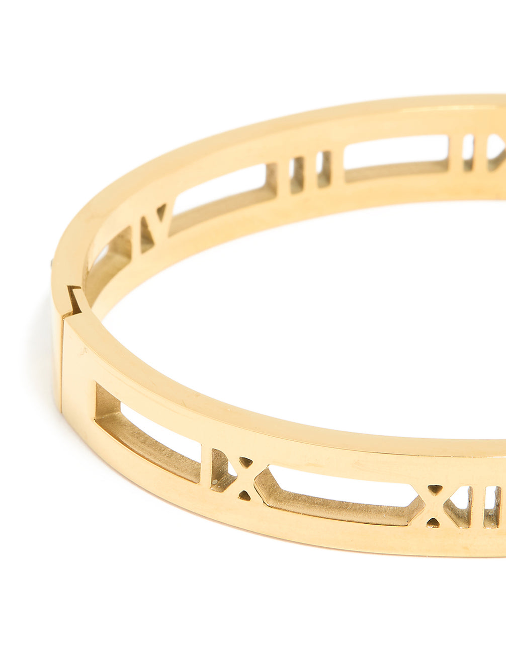 Crafted from waterproof gold plated stainless steel diamante roman numeral bangle with statement styling closure detail view