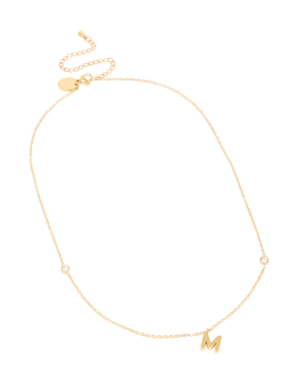 Stylish waterproof letter M initial pendant necklace in gold plated stainless steel in dainty front view