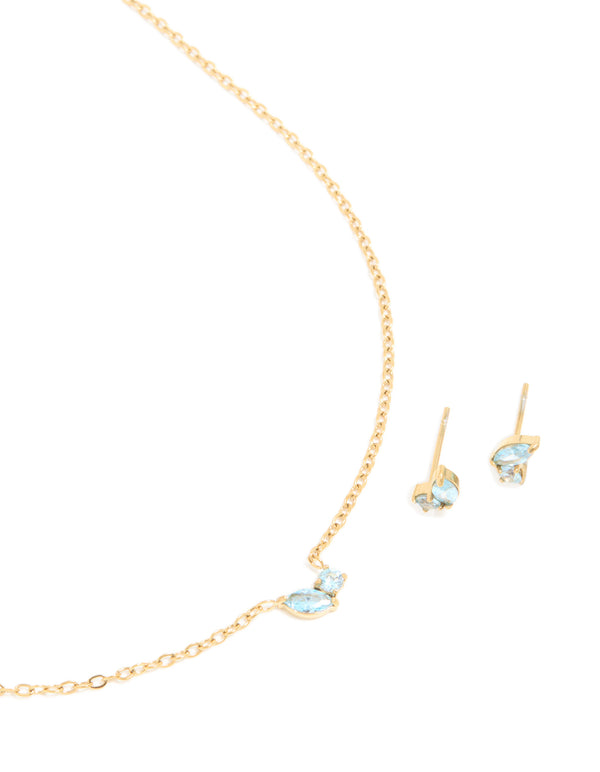 Waterproof Gold Plated Stainless Steel March Blue Cubic Zirconia Birthstone Necklace & Earrings Set