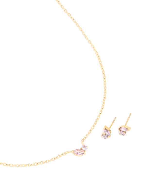 Waterproof Gold Plated Stainless Steel February Lilac Cubic Zirconia Birthstone Necklace & Earrings Set