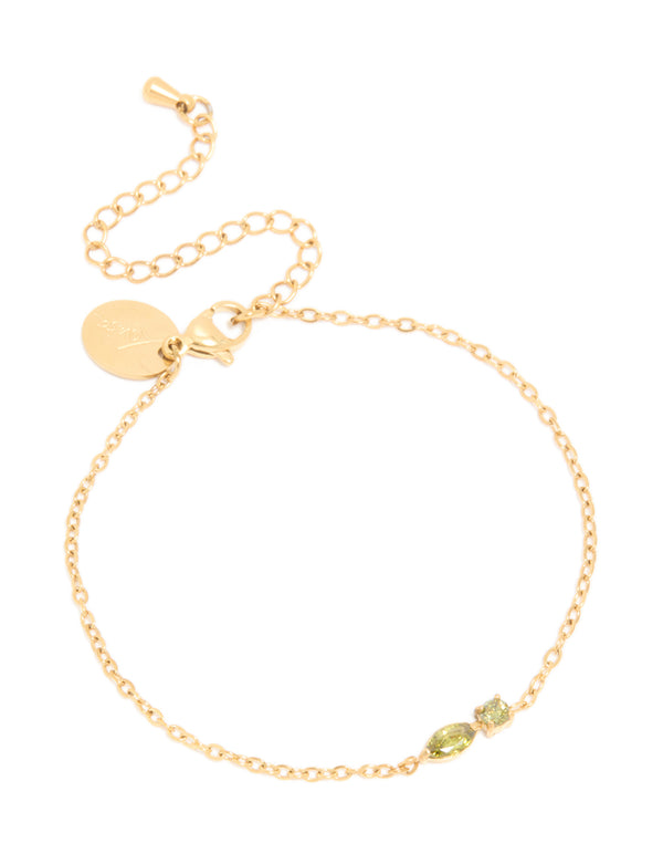 Waterproof Gold Plated Stainless Steel August Light Green Cubic Zirconia Birthstone Bracelet