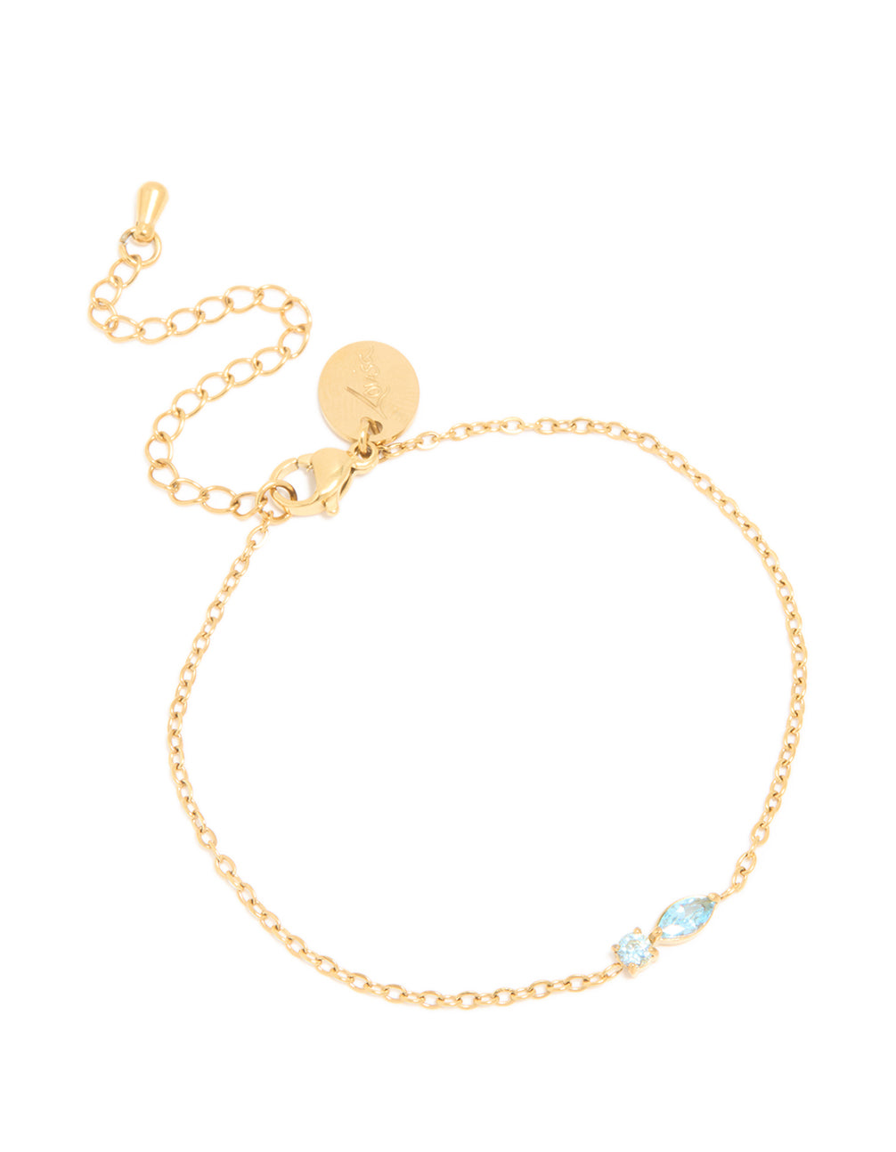 Beautifully designed waterproof bracelet in gold plated stainless steel with light blue cubic zirconia front view