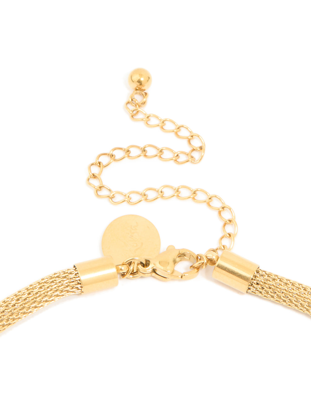 This waterproof gold plated stainless steel mesh tube necklace clasp detail view