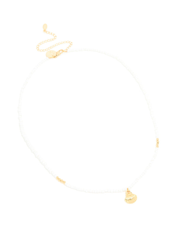 Waterproof Gold Plated Stainless Steel & White Beaded Shell Pendant Necklace