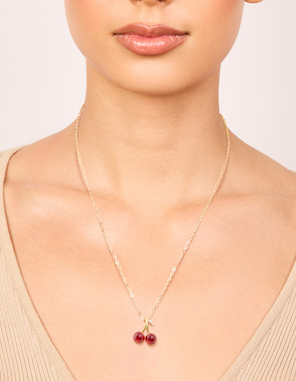 Waterproof Gold Plated Stainless Steel Red Glass Cherry Necklace
