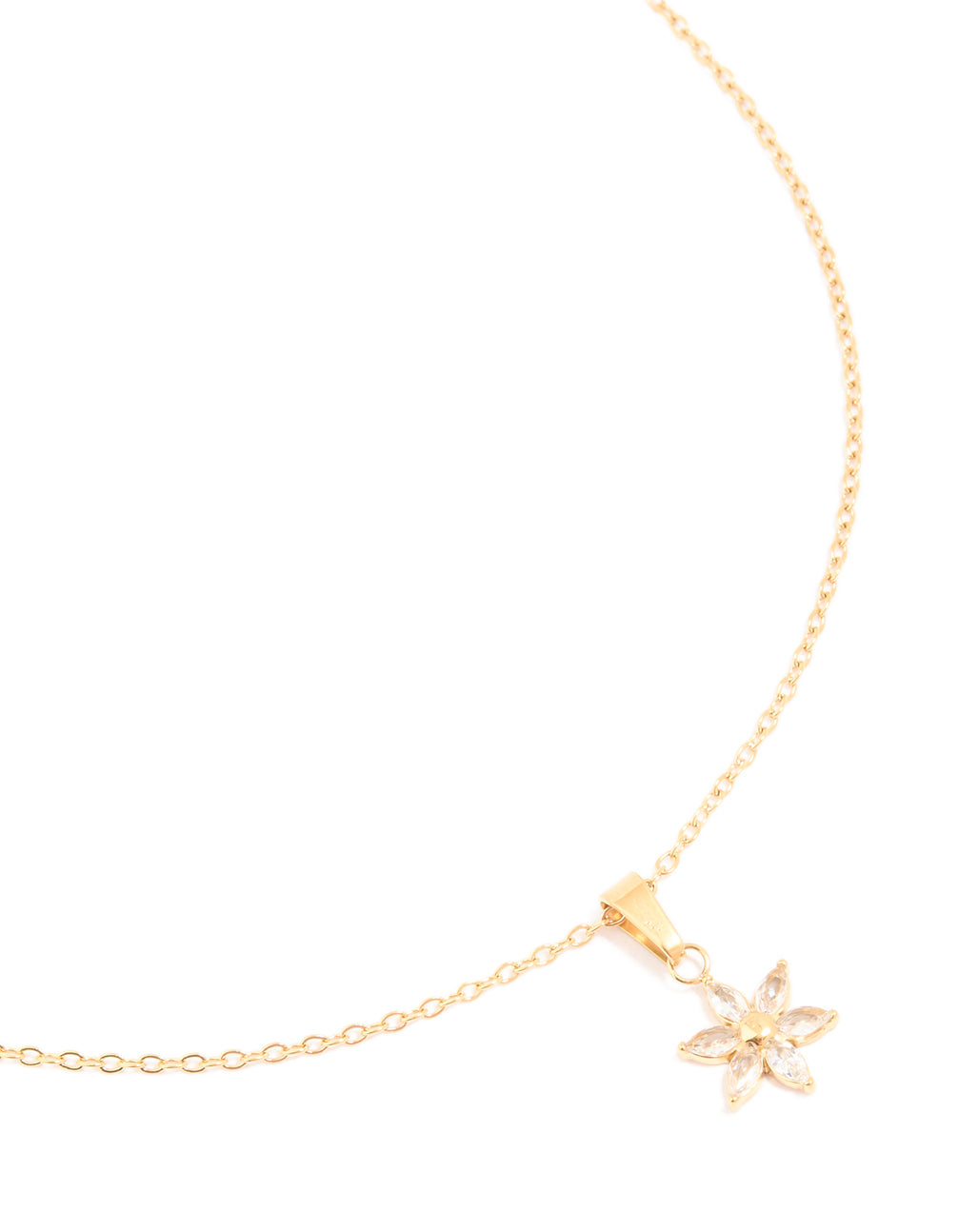 Beautifully designed waterproof floral pendant necklace in gold plated stainless steel featuring cubic zirconia crystals close up view