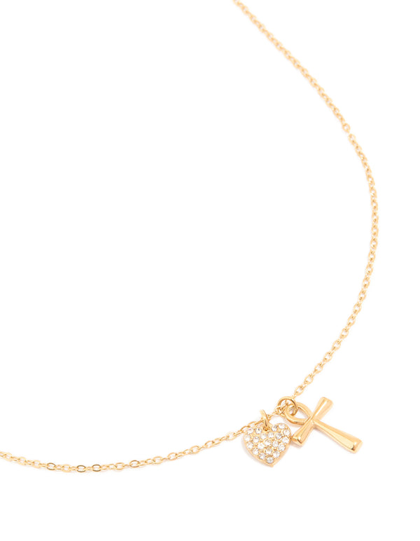 Waterproof Gold Plated Stainless Steel Cubic Zirconia Pave Cross & Heart Pendant Necklace