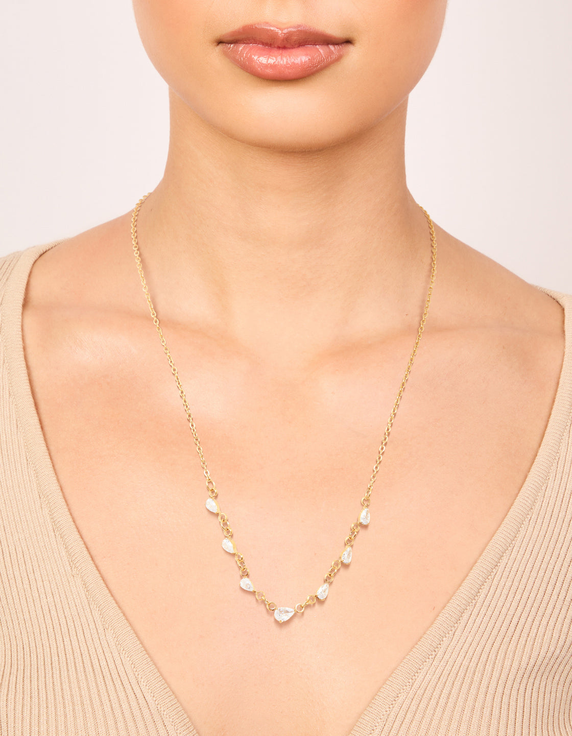 Waterproof Gold Plated Stainless Steel Cubic Zirconia Teardrop Pendants Necklace