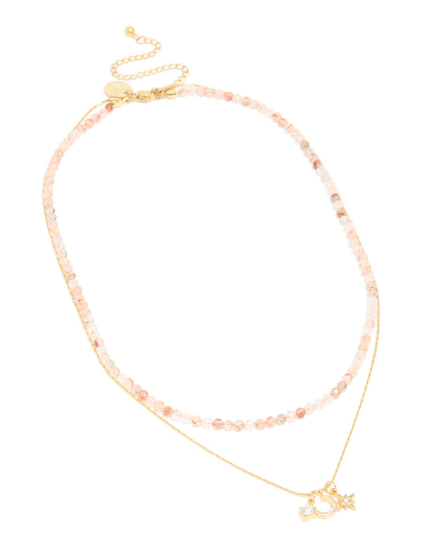 Waterproof Gold Plated Stainless Steel Rose Quartz Semi Precious Stone & Celestial Layered Necklace