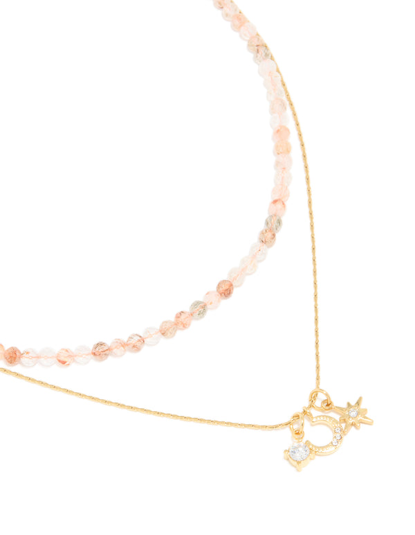 Waterproof Gold Plated Stainless Steel Rose Quartz Semi Precious Stone & Celestial Layered Necklace