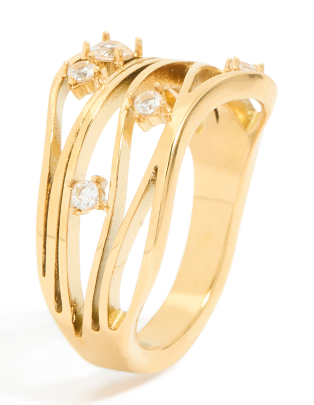 Waterproof Gold Plated Stainless Steel Cubic Zirconia Multi Waves Ring