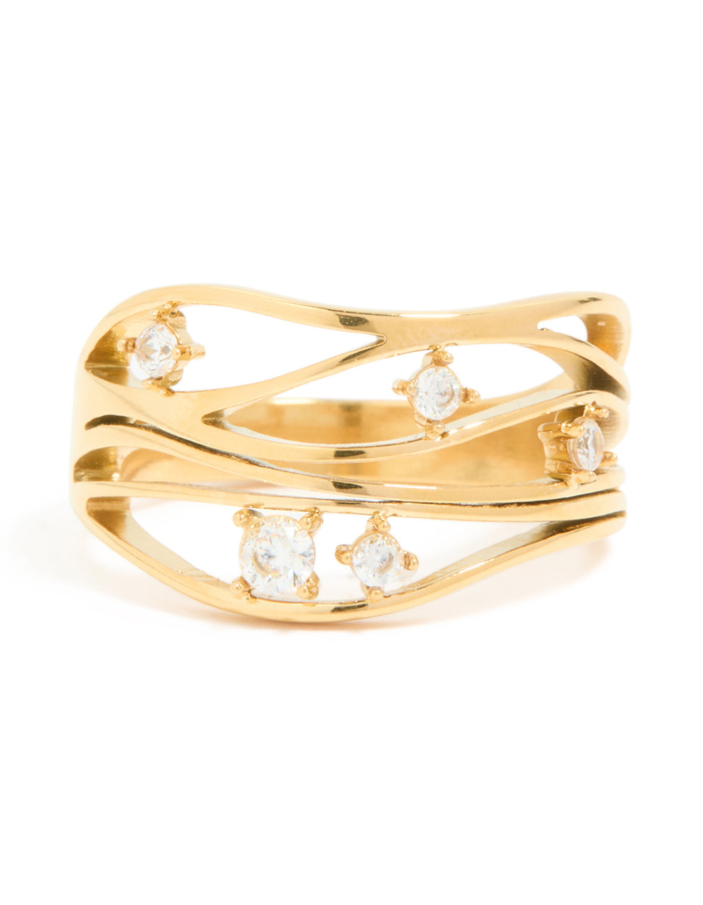 Waterproof Gold Plated Stainless Steel Cubic Zirconia Multi Waves Ring